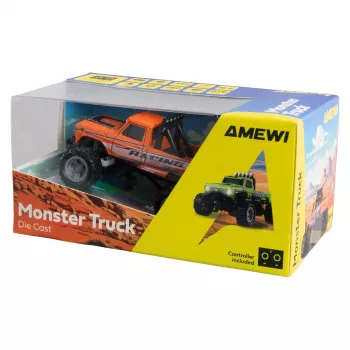 Zdalnie sterowany monster truck Amewi DieCast 1:64 RTR w kolorze pomarańczowym, karoseria odlewana ciśnieniowo, gotowy do jazdy