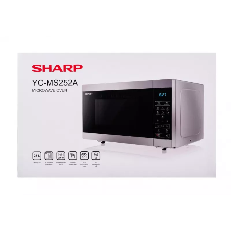 Kuchenka mikrofalowa Sharp YC-MS252AE-S, wolnostojąca, 900 W, 25 L, 11 poziomów mocy, sterowanie dotykowe, srebrna
