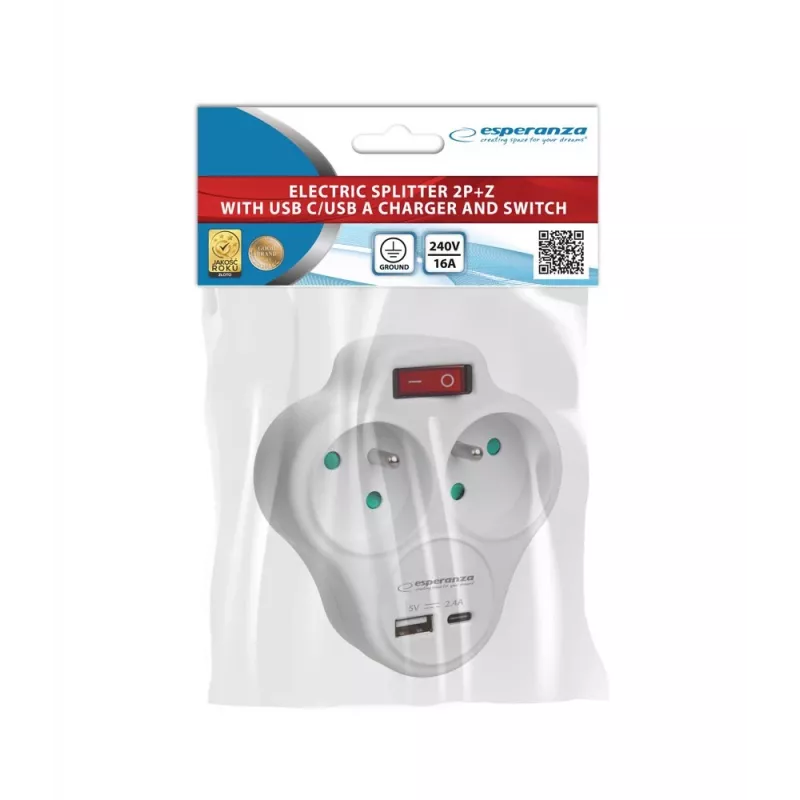 Esperanza ELK311W Rozgałęźnik elektryczny 2 GN. USB-C USB-A ON. Biały