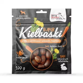 SYTA MICHA Wielkie kiełbaski z królikiem, marchewką i mniszkiem lekarskim - przysmak dla psa - 100g