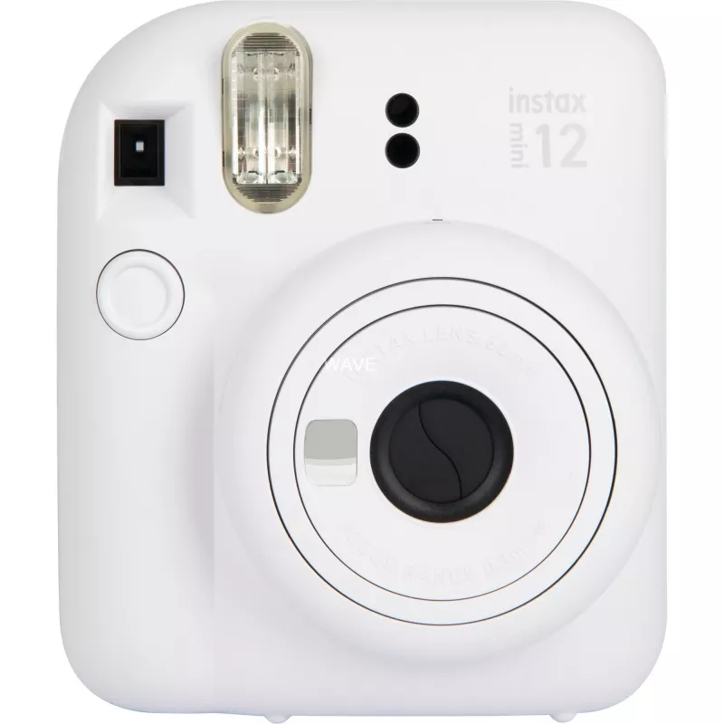 Aparat natychmiastowy Fujifilm Instax Mini 12 biały — odbitki 86×54 mm, ogniskowa 60 mm, bateria AA