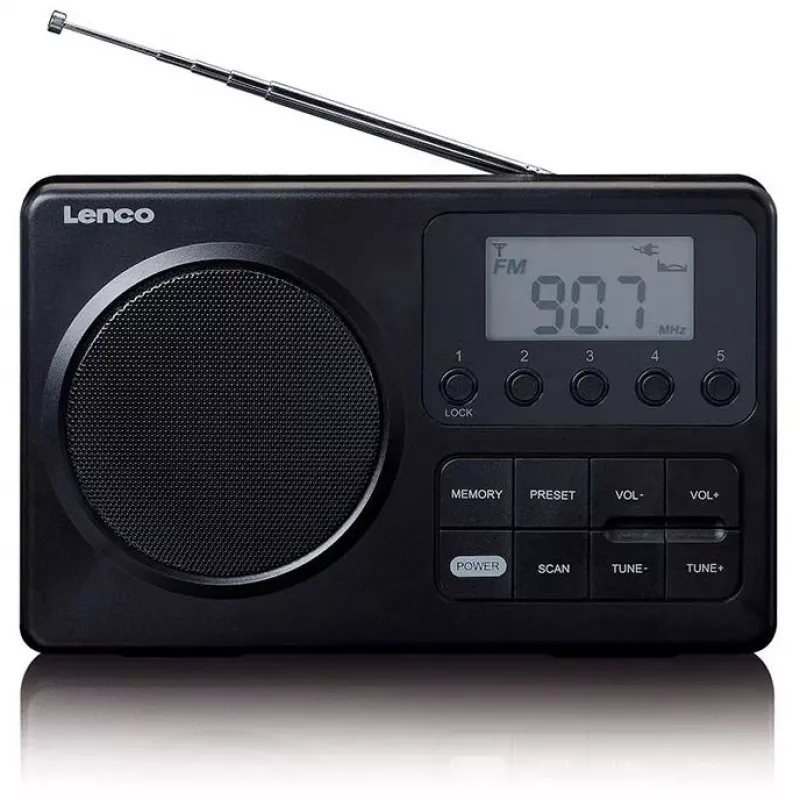 Przenośne radio Lenco MPR-035BK — FM/AM, zasilanie sieciowe i bateryjne, 2,5-calowy wyświetlacz LCD, 20 stacji FM w pamięci, wyjście 3,5 mm