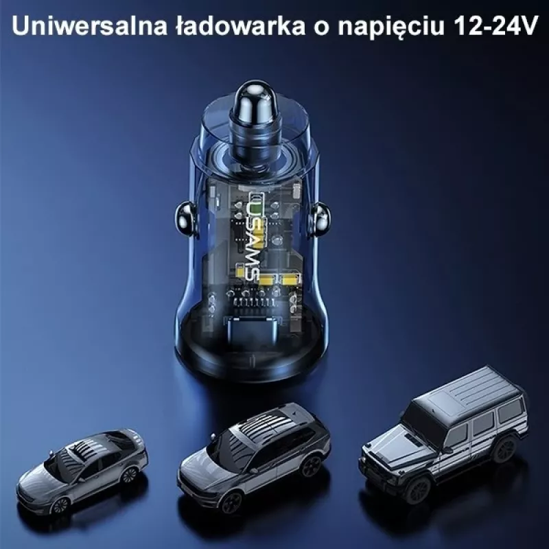 Ładowarka samochodowa usams CC164CC01 30W z 1×USB-A i 1×USB-C do szybkiego ładowania