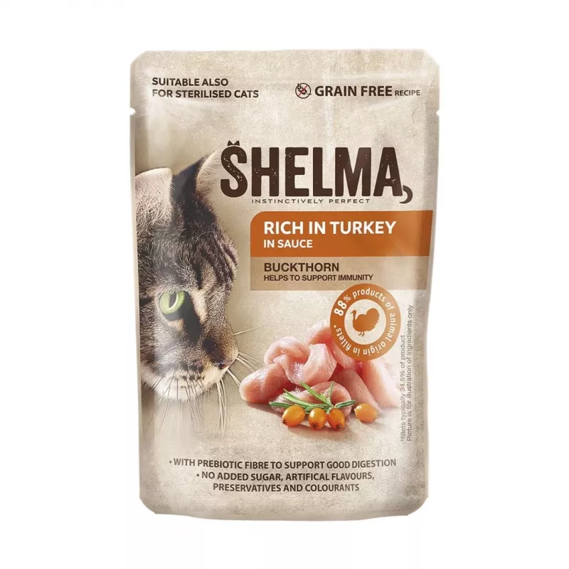 Karma mokra dla kota SHELMA multipak 4×85 g — pełnoporcjowa karma mokra dla kota dorosłego, kurczak, indyk, wołowina, kaczka, bezzbożowa