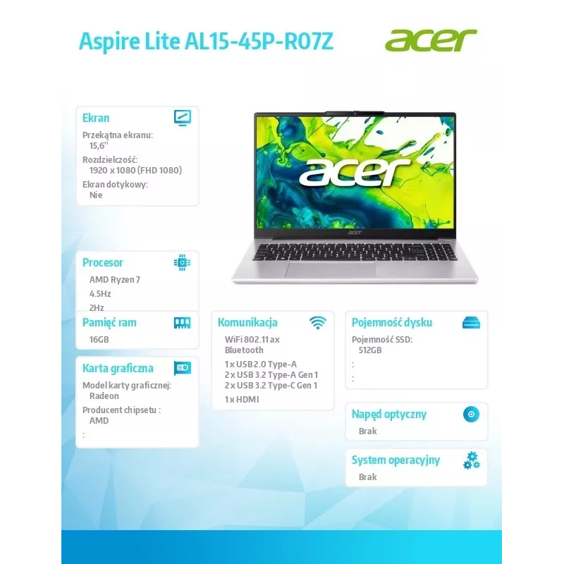 Laptop Acer Aspire Lite Ryzen 7 5825U, wyświetlacz 15,6 cala FHD, 16 GB RAM, 512 GB SSD