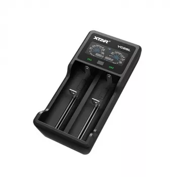 Ładowarka do akumulatorów XTAR VC2SL — USB 5 V 1 A, LCD, ładuje 2 ogniwa, kompatybilna z Li‑Ion/NiMH/NiCd, rozmiary A/AA/AAA/AAAA/C/D/SC, czarna