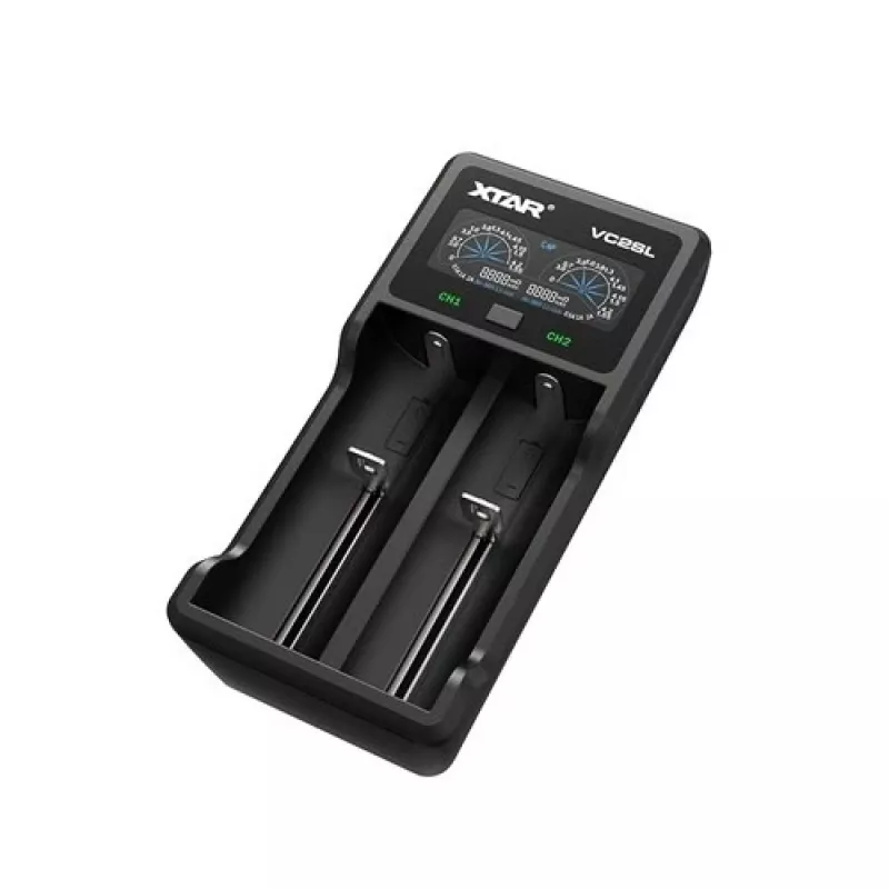 Ładowarka do akumulatorów XTAR VC2SL — USB 5 V 1 A, LCD, ładuje 2 ogniwa, kompatybilna z Li‑Ion/NiMH/NiCd, rozmiary A/AA/AAA/AAAA/C/D/SC, czarna