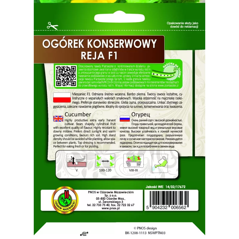 Taśma nasienna Apte Ogórek Reja F1 ogórek 6 m z nawozem o spowolnionym uwalnianiu Platnacote, odmiana średnio wczesna