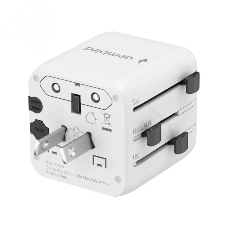 Uniwersalny podróżny adapter zasilania GEMBIRD TPA-INT-01-W — wejście 100–250 V, wtyk typu G, kompaktowe wymiary 84×56×85 mm