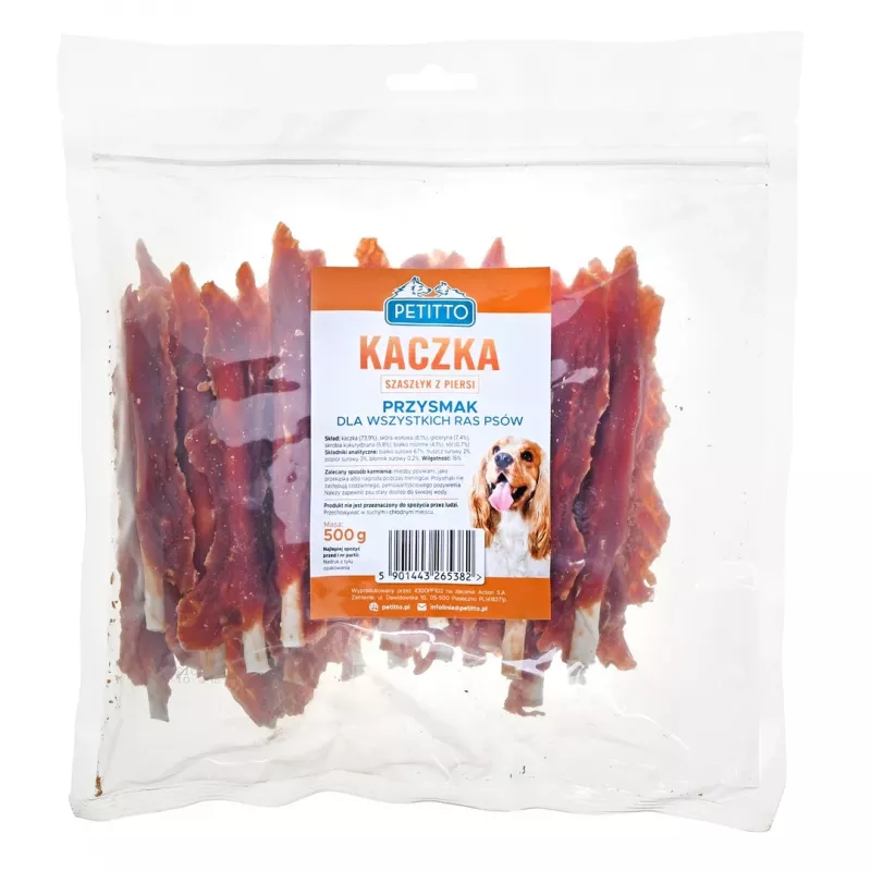 PETITTO Duck Breast Kebab przysmaki dla psa, funkcjonalne stałe przekąski, 500 g, 67% białka, bezglutenowe i bez konserwantów