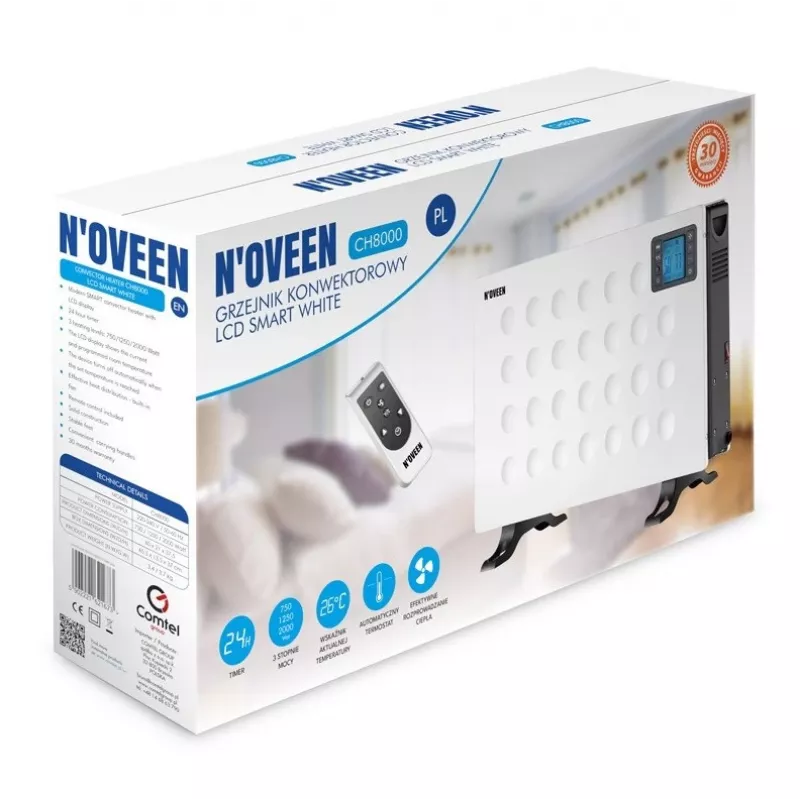 Grzejnik elektryczny konwektorowy NOVEEN CH8000 — 2000 W, 3 poziomy mocy, timer, pilot, biały