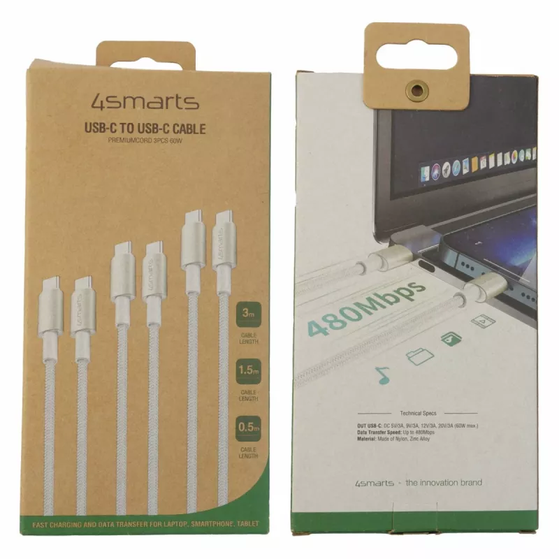 4smarts USB-C na kabel PremiumCord 60W zestaw 3 szt. 0,5 m + 1,5 m + 3 m biały - srebrny, biały - 3 szt. (540621)