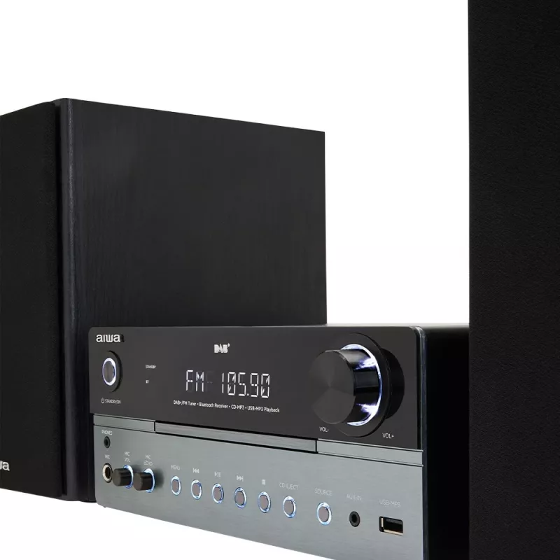 Domowy system audio mikro Aiwa MSBTU-700DAB — 25 W RMS, DAB+/FM, Bluetooth 10 m, CD w tacce, wyświetlacz LED, czarny/arktyczny niebieski