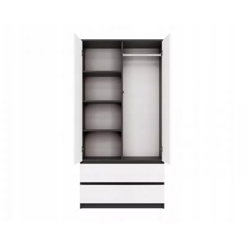 Szafa top e shop MALWA SS-90, 90×180×50 cm, rama antracytowa, białe drzwi uchylne, 2 szuflady, laminat 16 mm