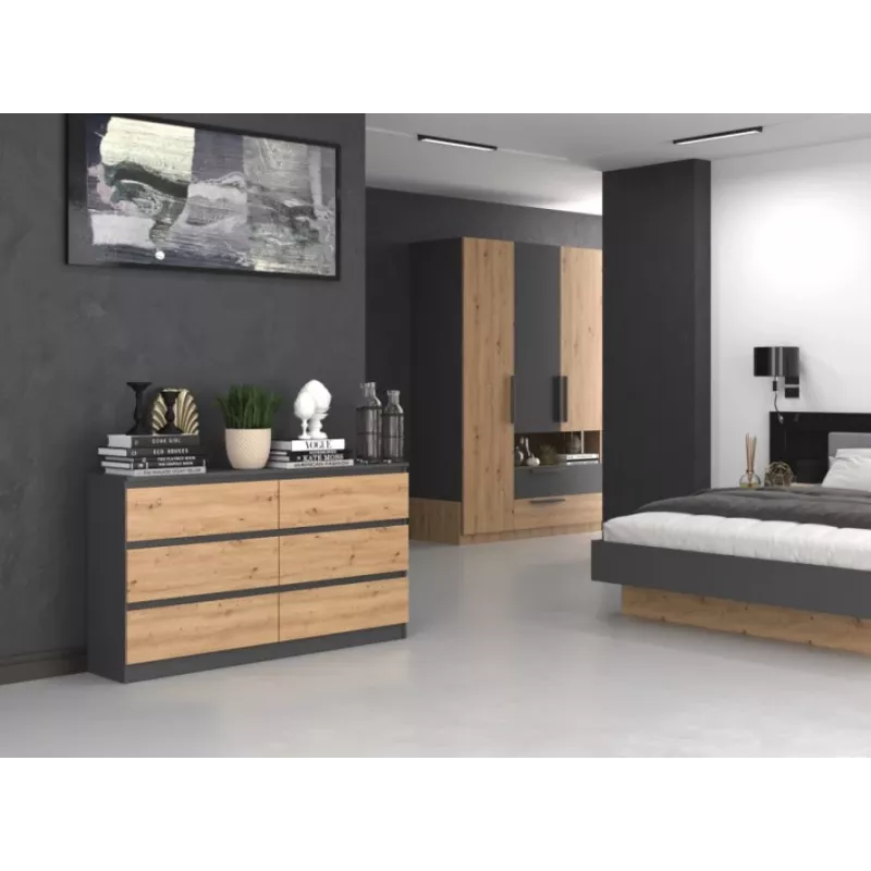 Komoda Top e Shop M6 140 ANT/ART, 6 szuflad, Antracyt Dąb, 1380×750×400 mm