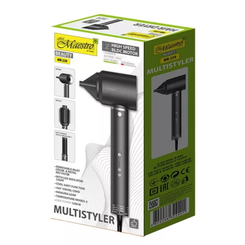 Zestaw do pielęgnacji włosów Multistyler 3w1 Maestro MR-230 — suszarka do włosów, szczotka-suszarka i automatyczna lokówka, 1200 W, silnik BLDC, lok 3,5 cm, 2 poziomy temperatury, czarny