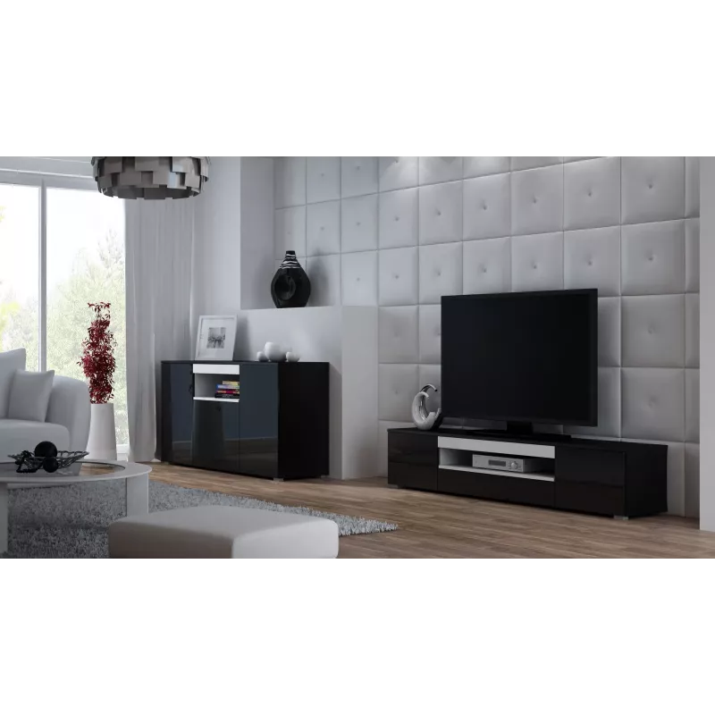 Szafka TV cama meble VIVA 180 — 1800×400×370 mm, czarny blat (płyta wiórowa), czarna rama, białe akcenty