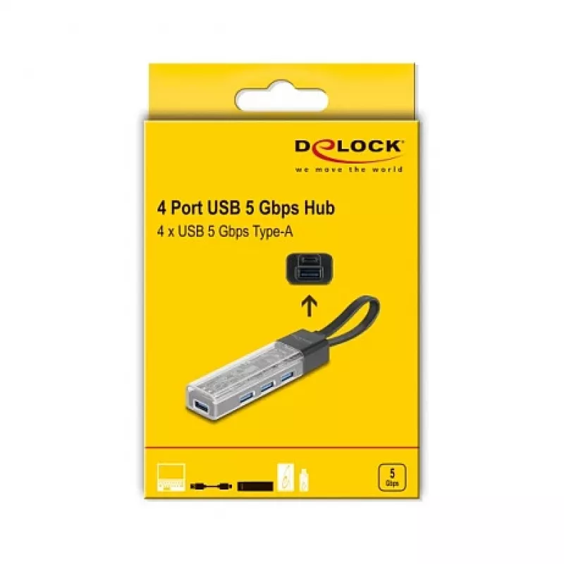 DELOCK USB 3.2 Gen 1 (3.1 Gen 1) 4-portowy hub z hostem Type-A + Type-C (5000 Mbit/s) Czarny/Przezroczysty