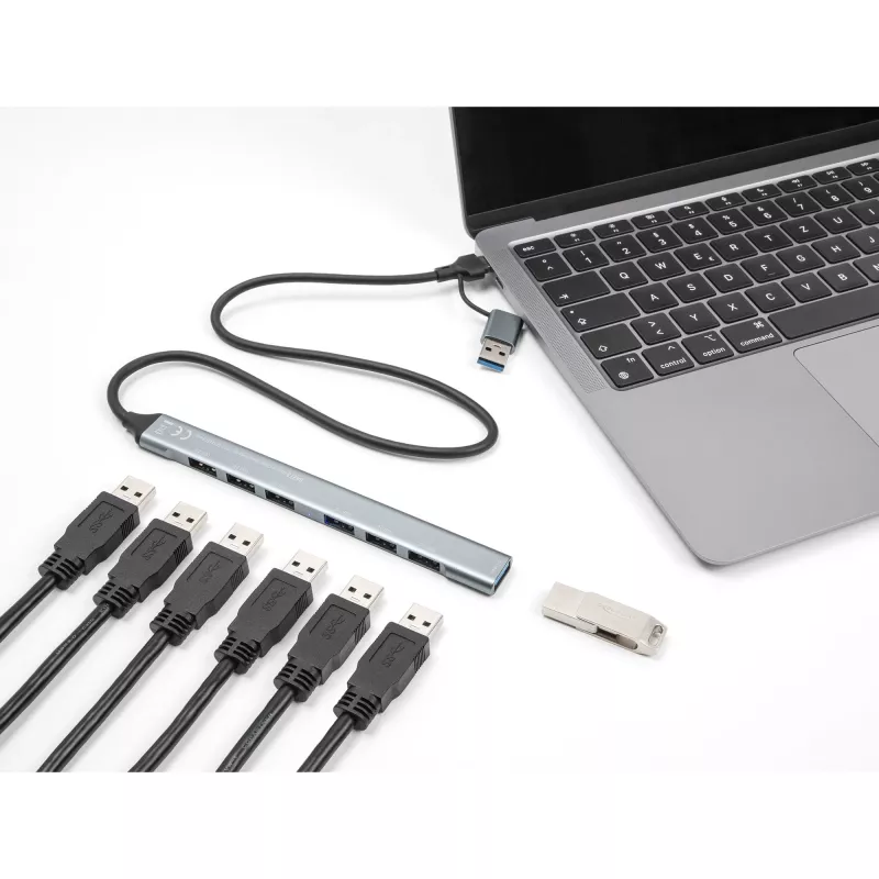 DELOCK 4 Port cienki USB Hub — Host USB 3.2 Gen 1 Type-C, 3× USB 5 Gbps Type-C + 1× USB 5 Gbps Type-A, szary, metal