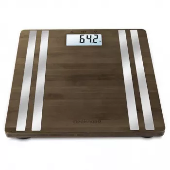 Elektroniczna waga osobista Medisana BS 552 — srebrna z bambusową platformą, maks. 180 kg, dokładność 100 g, Bluetooth, BMI, skład ciała