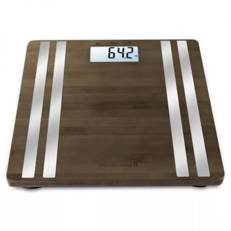 Elektroniczna waga osobista Medisana BS 552 — srebrna z bambusową platformą, maks. 180 kg, dokładność 100 g, Bluetooth, BMI, skład ciała