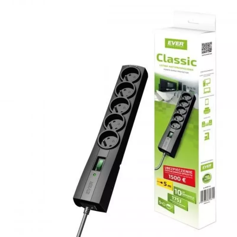 Listwa zasilająca EVER CLASSIC 5 gniazd 3 m kabel 250 V 10 A z ochroną przeciwprzepięciową (175 J) Czarna
