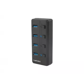 Hub USB NATEC MANTIS USB 2.0 Type-B — 4x porty USB 3.2 Gen 1 Type-A, czarny, kabel 0,8 m, zasilacz sieciowy, wyłącznik zasilania