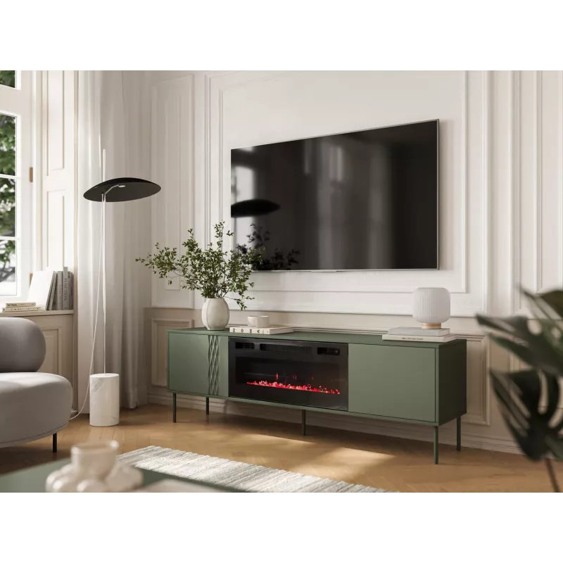 Szafka RTV z kominkiem Cama Meble TRESSE 180x40x54,5 cm — blat zielony mat, płyta wiórowa