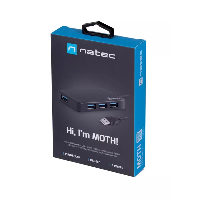 USB hub NATEC Moth 4-port USB 3.2 Gen 1 Type-A (5000 Mbit/s), zasilany przez USB, czarny, kabel 0,15 m
