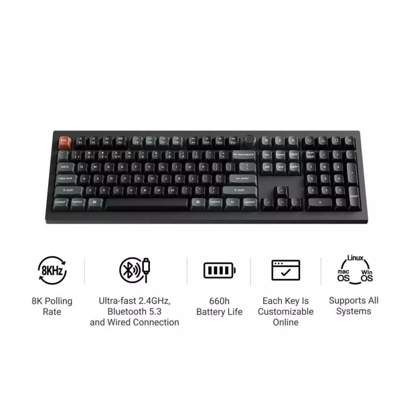 Klawiatura mechaniczna Keychron V6 Ultra 8K — Pełnowymiarowa 100% QWERTY, Bluetooth, RGB, Czarna