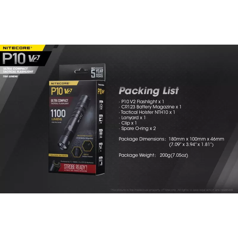 Latarka taktyczna Nitecore P10 V2 — 1000 lm, wodoszczelność IP68, odporność na wstrząsy, 95 g, kompatybilna z akumulatorami 18650/CR123