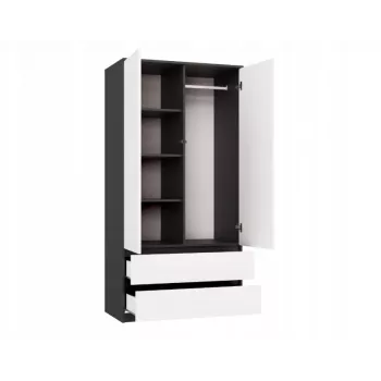 Szafa top e shop MALWA SS-90, 90×180×50 cm, rama antracytowa, białe drzwi uchylne, 2 szuflady, laminat 16 mm