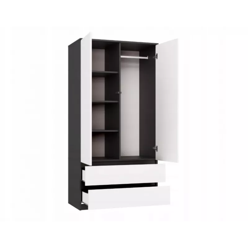 Szafa top e shop MALWA SS-90, 90×180×50 cm, rama antracytowa, białe drzwi uchylne, 2 szuflady, laminat 16 mm