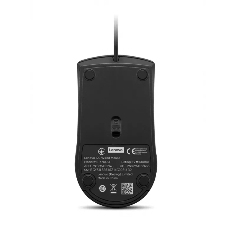 Przewodowa mysz USB-A Lenovo 120 — Czarna, symetryczna, 1600 DPI, 3 przyciski, kabel 1,5 m