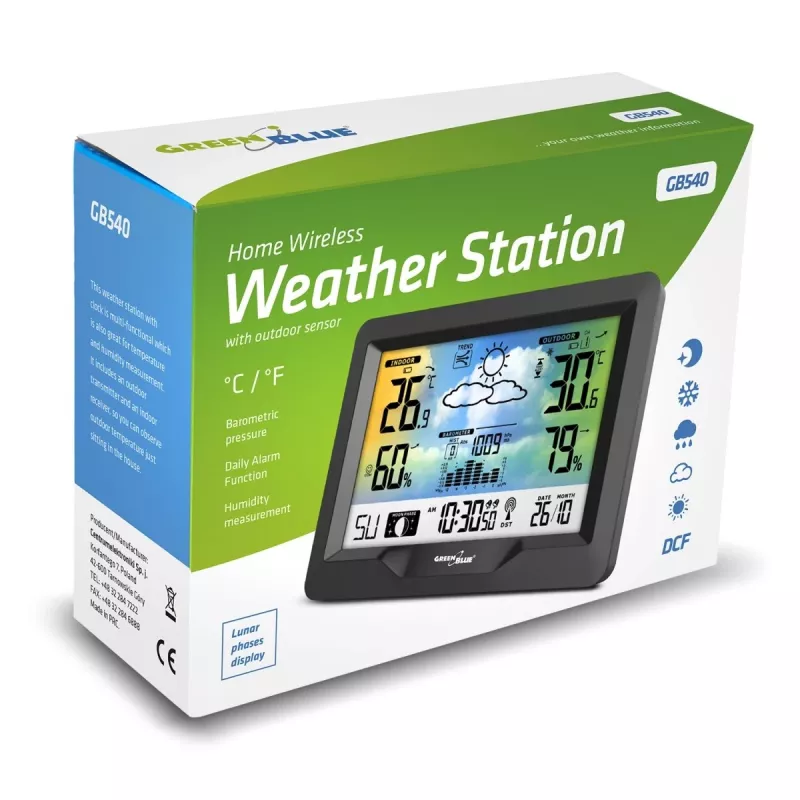 Hygrometer Thermometer GreenBlue GB540 — indoor 0–50°C / outdoor -20–65°C, zegar DCF, czujnik zewnętrzny 60 m, czarny