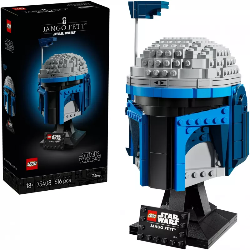 Kolekcjonerski kask LEGO Star Wars Jango Fett 75408 — 616 elementów, model do ekspozycji 210×120×110 mm