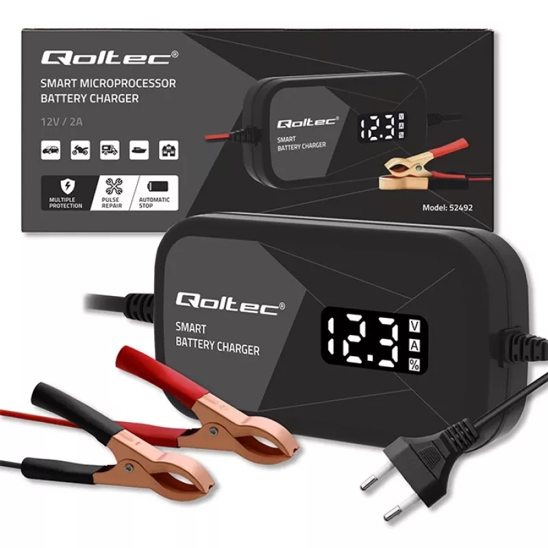 Ładowarka akumulatorów QOLTEC 52492 12V 2A z kontrolą mikroprocesorową i regeneracją ogniw
