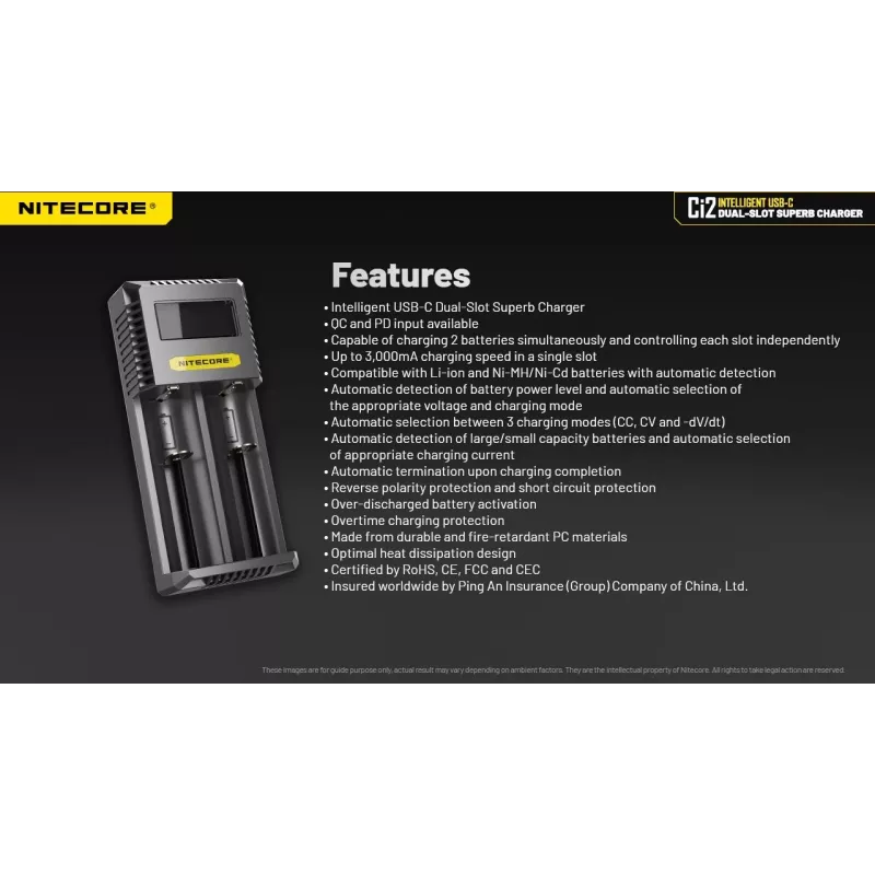 Ładowarka do akumulatorów Nitecore Ci12 Uniwersalna ładowarka USB do Li-Ion, NiCd, NiMH, wejście 3A 5/9/12V, obudowa z tworzywa sztucznego