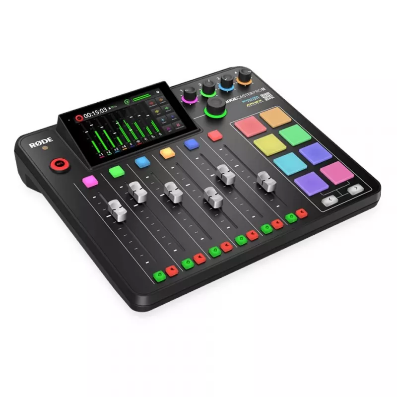 Kontroler studyjny RØDE Caster Pro II Czarny — 4 wejścia combo XLR/TRS, 4 wyjścia słuchawkowe, 8 padów, ekran dotykowy, Wi‑Fi, Bluetooth, USB‑C