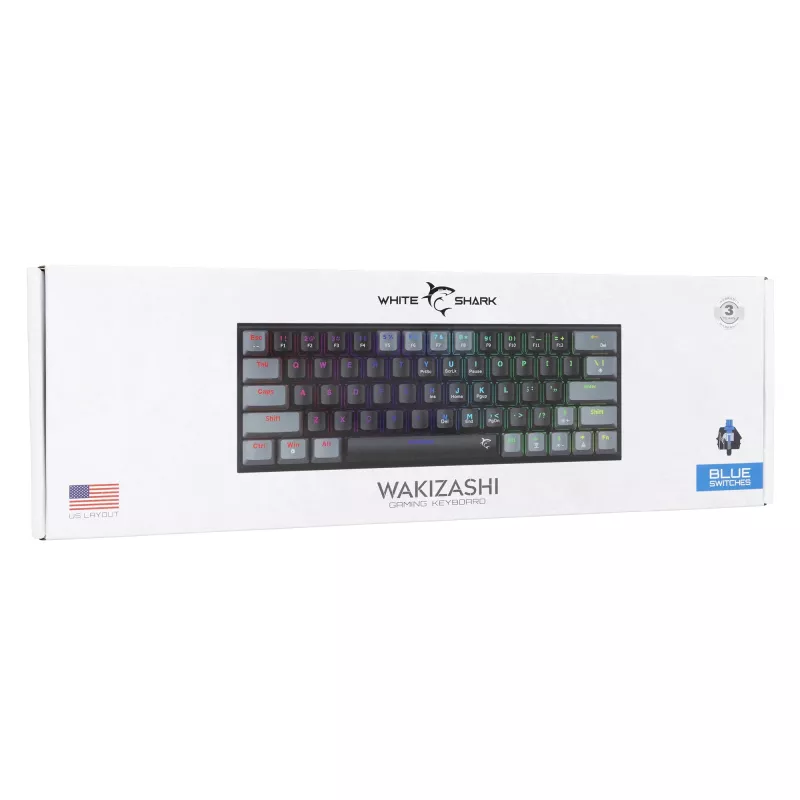 Mechaniczna klawiatura gamingowa White Shark Wakizashi GK-002121V2 — ramka czarno-szara, niebieskie przełączniki niebieski (USA)