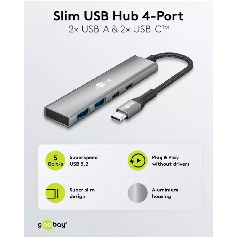 Goobay Slim 4-Port USB-Hub USB-C na USB-A 5 Gbit/s - Plug USB 3.2 (76563)