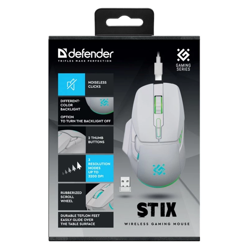 Mysz bezprzewodowa DEFENDER Stix GM-009 RF — optyczna 3200 DPI, 6 przycisków, symetryczna, USB RF, zasilana bateriami, biała
