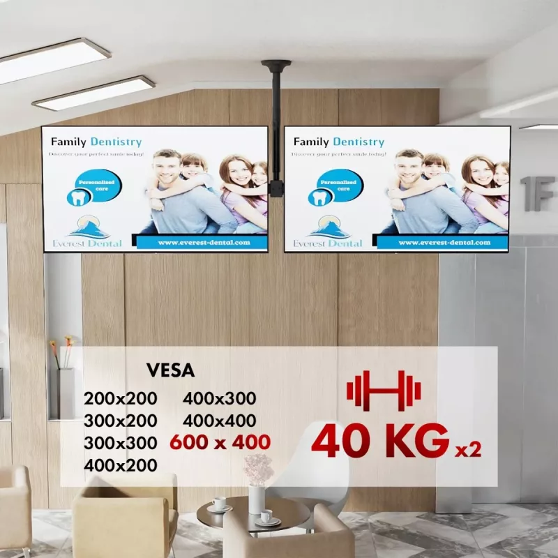 Uchwyt sufitowy MACLEAN MC-111 B na dwa telewizory, maks. obciążenie 2×40 kg, maks. VESA 600×400