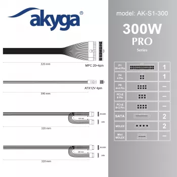 Akyga AK-S1-300 zasilacz SFX 300 W, pasywne PFC, wentylator 80 mm, czarny