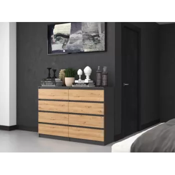 Komoda Top e shop M8 140 ANT/ART — 8 szuflad, Antracyt/Dąb, 1380×400×970 mm, Płyta wiórowa