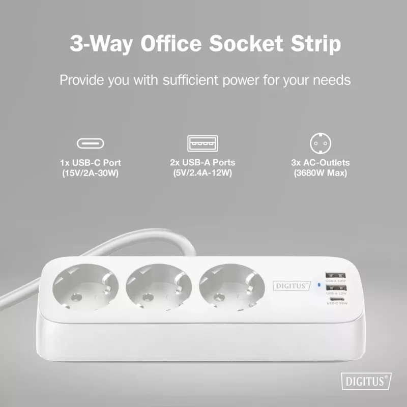 Listwa zasilająca DIGITUS 3-drożna z 2×USB-A i 1×USB-C, 3 gniazda AC typu E/F, kabel 1,5 m, biała