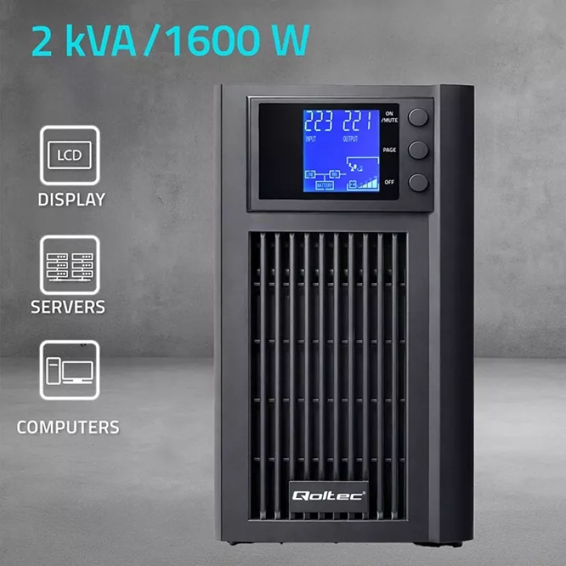 UPS QOLTEC Pure Sine Wave 2kVA 1600W z AVR i wyświetlaczem LCD