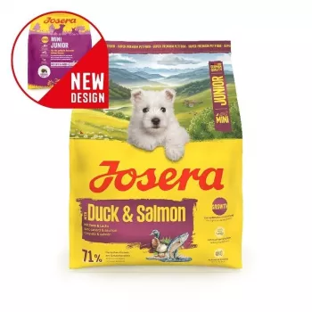 Sucha karma dla psa JOSERA Mini Junior Duck & Salmon 900 g — dla szczeniąt małych ras, białko 29%, tłuszcz 18%