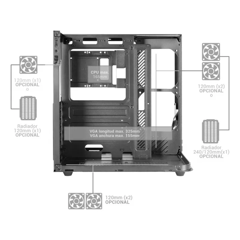 Obudowa PC Midi Tower TACENS Mars Gaming MC-INFINIOLITE, czarna, szkło hartowane, obsługa ATX/Micro-ATX/Mini-ITX, wentylatory 120 mm
