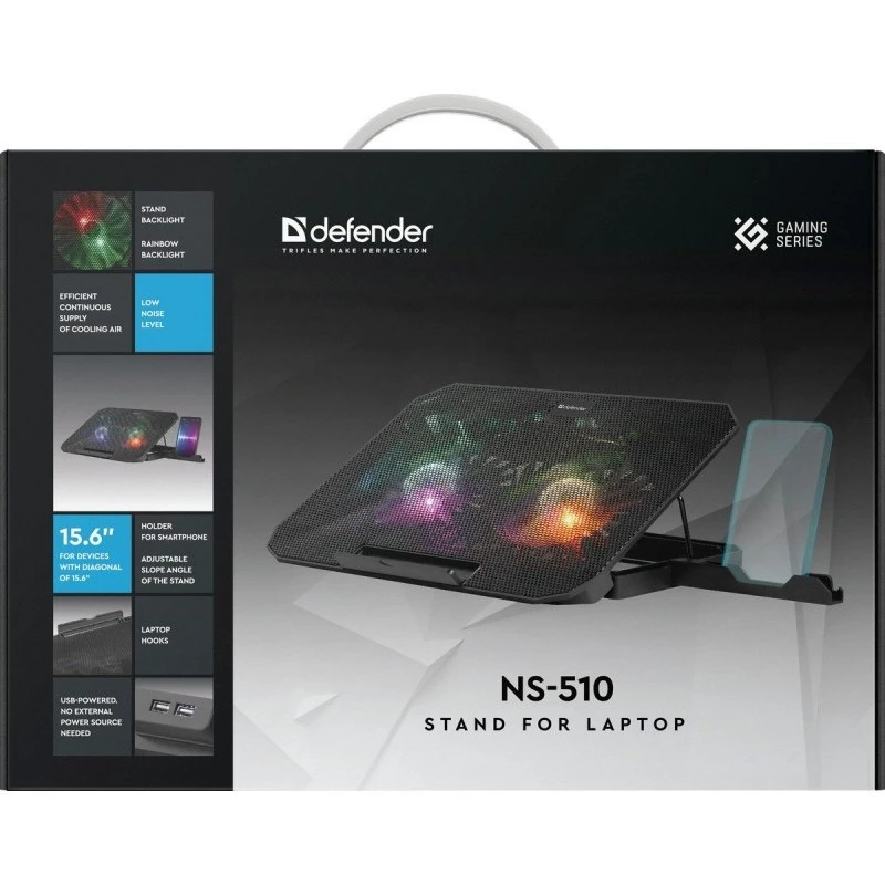 Podkładka chłodząca do notebooka DEFENDER NS-510 z 2 wentylatorami, 2 portami USB i podświetleniem RGB